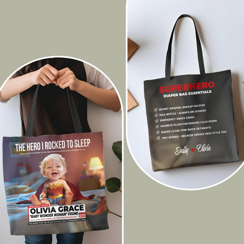 Personalized Superhero Baby Tote Bag – Wonder Woman Design with Custom Photo & Name